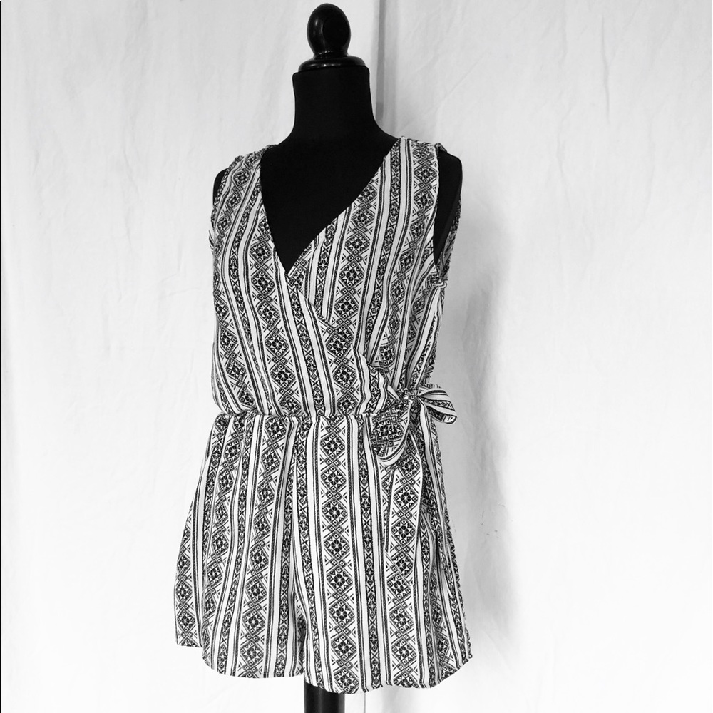 Black White tribal print romper cinched side tie